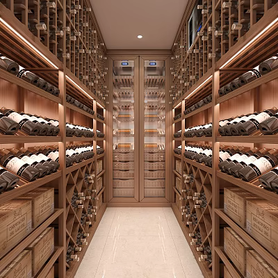 Elegant Wine Cellar Interior Design With Wooden Racks And Neatly Arranged Wine Bottles 3d model
