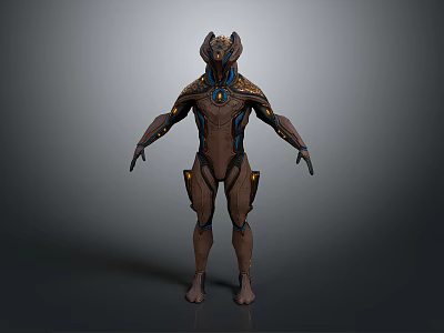 Brown Armored Sci Fi Creature Character With Blue Details And Helmet Design 3d model