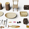 Colorful Fish Models in Scene with Wooden Stumps Woven Trays Tools and Orange