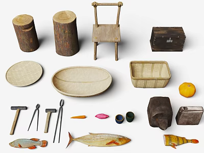 Colorful Fish Models in Scene with Wooden Stumps Woven Trays Tools and Orange 3d model