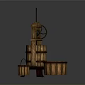 Wooden Press Equipment With Large Barrel Red Liquid And Small Barrel