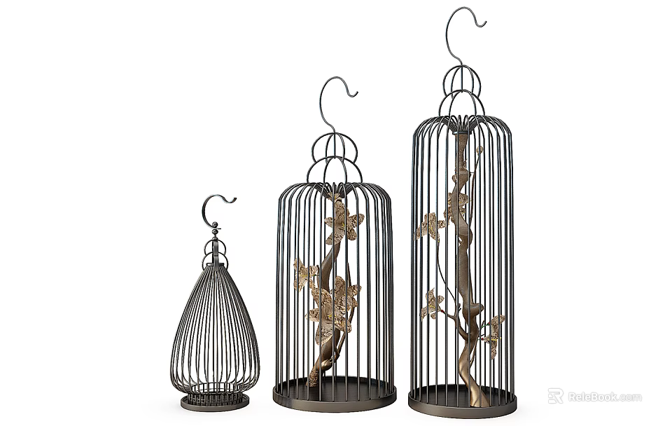 Three Different Sizes Metal Birdcage Decorative Ornament Set With Branch And Gold Accents 3d model 
