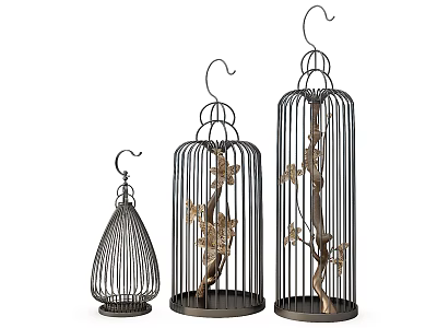 Three Different Sizes Metal Birdcage Decorative Ornament Set With Branch And Gold Accents 3d model