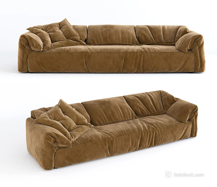 Comfortable Modern Sectional Sofa In Brown Velvet With Plush Cushions And Rolled Arms 3d model 