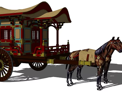 Elegant Traditional Horse-Drawn Carriage with Red Blue Accents Two Horses and Wooden Wheels 3d model