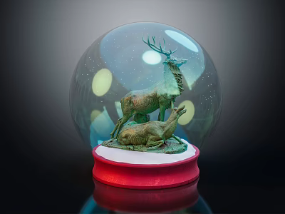 Ornament Decoration Set With Crystal Ball Deer Figurines Red Base And Snowflake Design 3d model