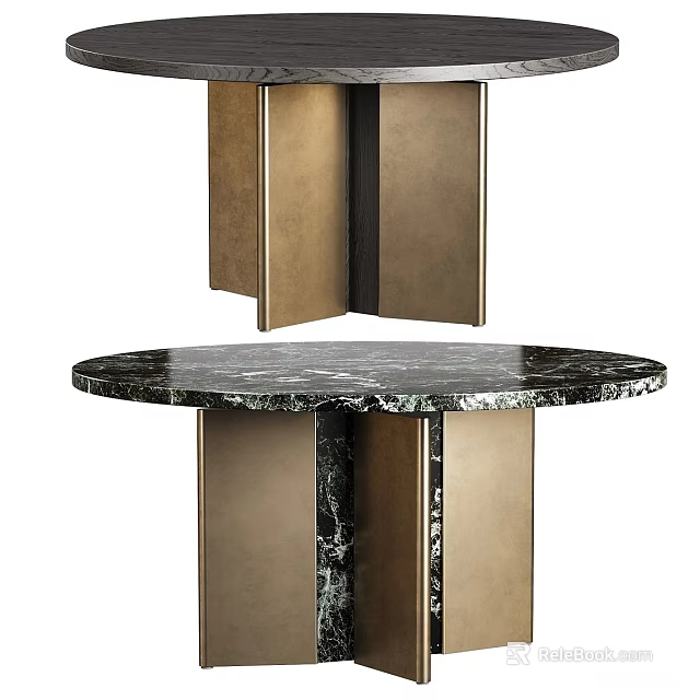 Modern Round Dining Table With Black Marble Top And Brass Metal Frame Base 3d model 