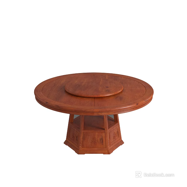 Round Mahogany Dining Table With Center Turntable And Hexagonal Carved Base 3d model