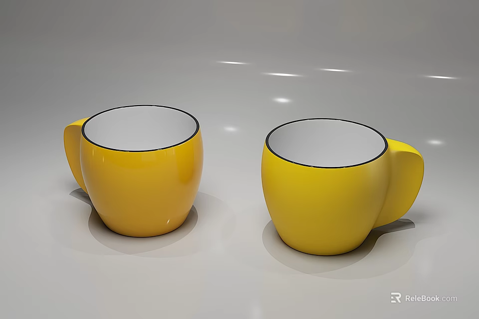 Household Items Two Yellow Cups With White Inner Surface And Black Rim On Gray Surface 3d model 