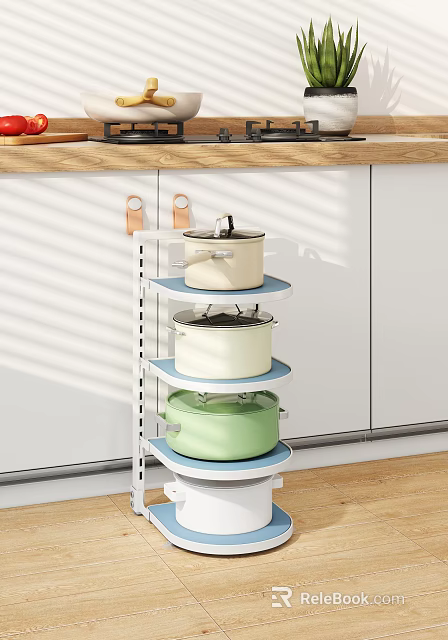 Multi Tier Kitchen Storage Rack With Colorful Pots And Modern Design 3d model 