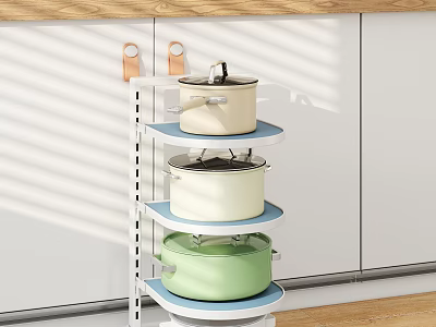 Multi Tier Kitchen Storage Rack With Colorful Pots And Modern Design 3d model