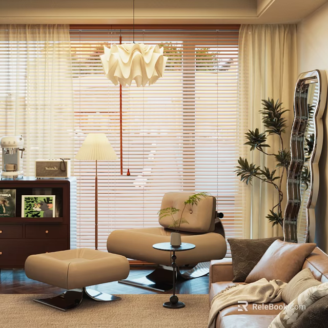 Modern Living Room Accent Chair with Ottoman Small Round Table and Green Plant 3d model 