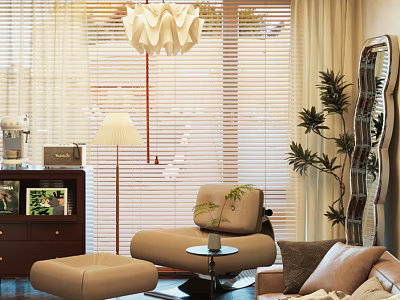 Modern Living Room Accent Chair with Ottoman Small Round Table and Green Plant 3d model