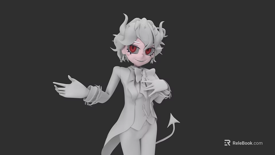 3D Woman Character With White Hair Red Eyes Horns White Coat And Tail 3d model 