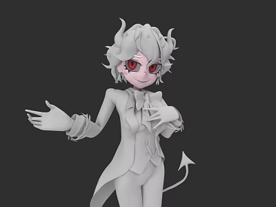 3D Woman Character With White Hair Red Eyes Horns White Coat And Tail 3d model
