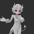 3D Woman Character With White Hair Red Eyes Horns White Coat And Tail