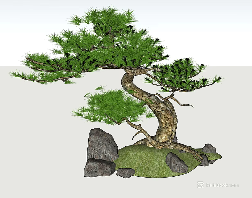 Artistic Arbor With Curved Trunk Green Foliage Surrounding Rocks And Grass Patch 3d model 