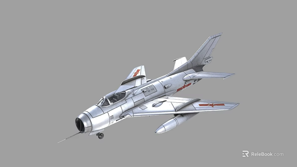 Silver Military Fighter Jet With Red Markings And Aerodynamic Structure 3d model 