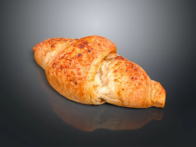 Golden Crispy Freshly Baked Croissant With Flaky Interior Shiny Crust On Black Reflective Surface 3d model