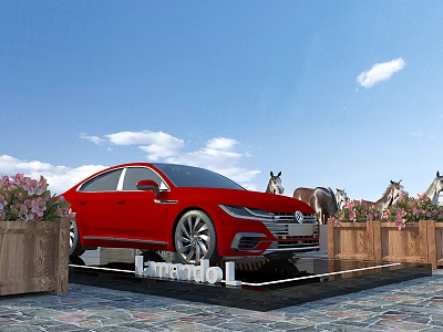 Garden Landscape with Red Car Horses Flower Beds Stone Pavement and Blue Sky White Clouds 3d model