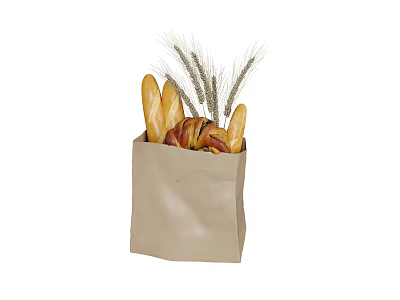 Delicious Fresh Assorted Bread Loaves in Paper Bag with Wheat Ears 3d model