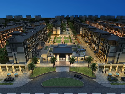 Aerial Planning of Modern Residential Community with Central Green Space Symmetrical Layout and Palm Trees 3d model