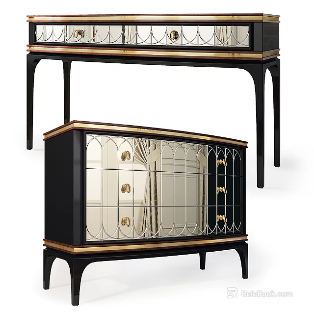 Modern Black Gold Dresser With Mirror Glass Front And Decorative Metal Frame 3d model 