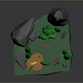 Low Poly 3D Forest Landscape With Green Trees Gray Rocks Campfire And Wooden Barrel