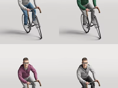 Men Riding Bicycles In Gray Green Purple Hoodies On Simple Background 3d model