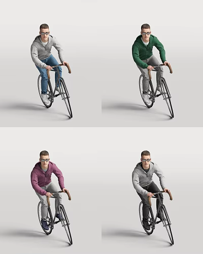 Men Riding Bicycles In Gray Green Purple Hoodies On Simple Background 3d model
