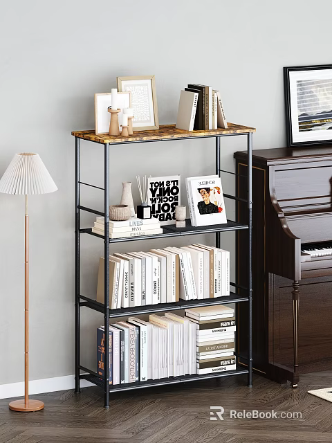 Stylish Black Metal Bookshelf With Books Magazines Photo Frames And Decorative Items 3d model 