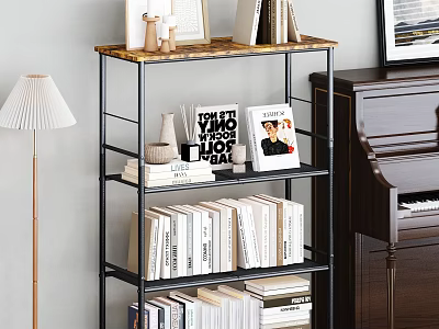 Stylish Black Metal Bookshelf With Books Magazines Photo Frames And Decorative Items 3d model
