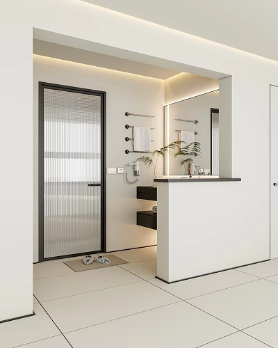 Modern Minimalist Bathroom Interior With Frosted Glass Door Towel Rack Mirror And Potted Plant 3d model