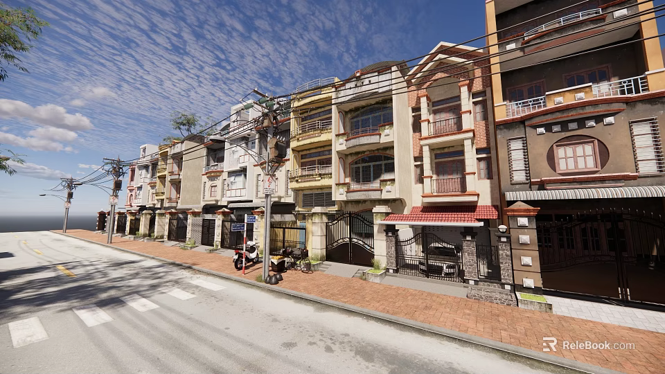 Row of Terraced Townhouses with Colorful Facades Balconies and Urban Street View 3d model 