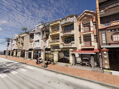 Row of Terraced Townhouses with Colorful Facades Balconies and Urban Street View 3d model