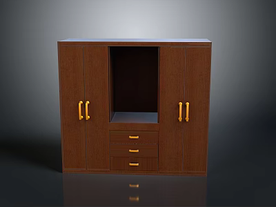 Brown Wooden Storage Cabinet With Golden Handles Open Compartment And Drawers 3d model