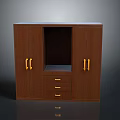 Brown Wooden Storage Cabinet With Golden Handles Open Compartment And Drawers
