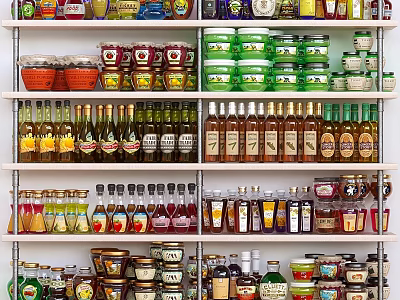 Variety Of Assorted Food Products On Shelves With Bottles Jars And Cans 3d model