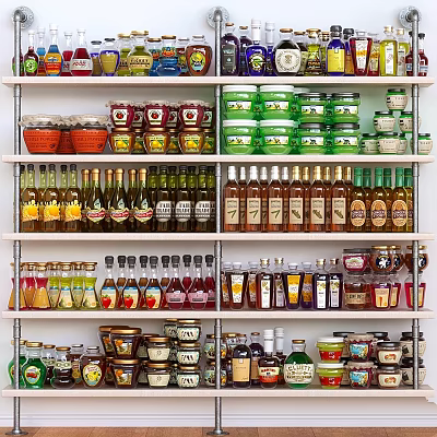 Variety Of Assorted Food Products On Shelves With Bottles Jars And Cans 3d model