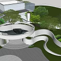 Modern Entrance Gate with Curved Pathway Lush Greenery and Lawn Landscaping