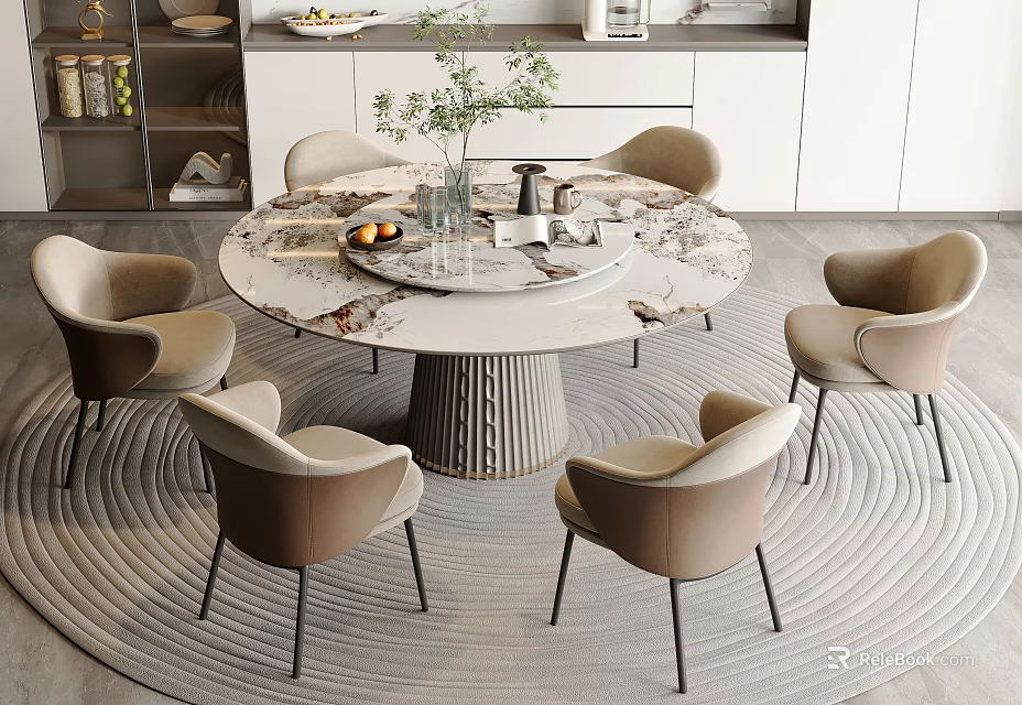 Elegant Modern Round Marble Dining Table Set With Six Beige Chairs And Decorative Centerpieces 3d model 