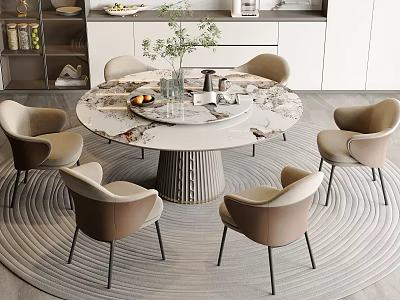 Elegant Modern Round Marble Dining Table Set With Six Beige Chairs And Decorative Centerpieces 3d model