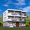 Modern Detached House with Large Glass Windows Balconies Surrounded by Green Plants and Lawn