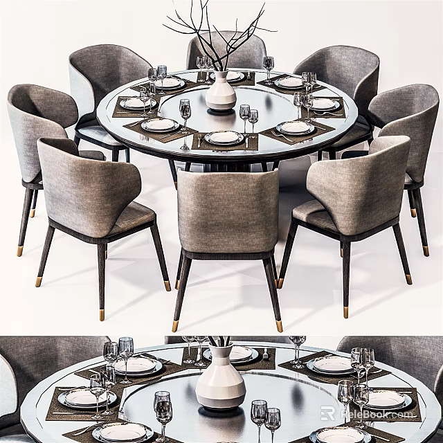 Modern Round Dining Table Set With Gray Chairs Tableware And Glasses 3d model