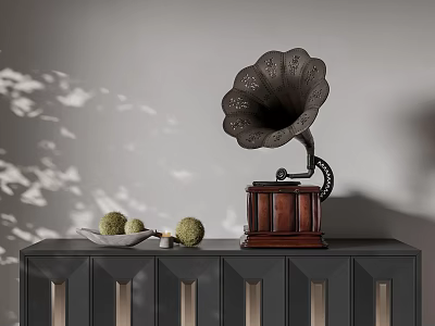 Vintage Phonograph On Black Cabinet With Green Spherical Ornaments White Plate Gray Wall Light Shadows 3d model