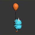 Game Movie Character Blue Little Monster With Horns Holding Orange Balloon Cheerful Expression