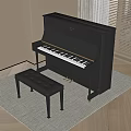Black Upright Piano With Leather Bench In Bright Living Room On Soft Carpet