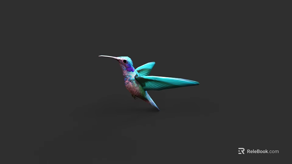 Vibrant Hummingbird With Turquoise Wings Purple Head Flying On Dark Background 3d model 