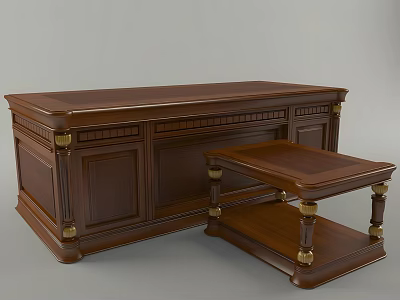 Dark Brown Wooden Desk With Carved Details Gold Accents And Matching Side Table 3d model
