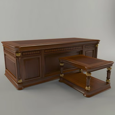 Dark Brown Wooden Desk With Carved Details Gold Accents And Matching Side Table 3d model